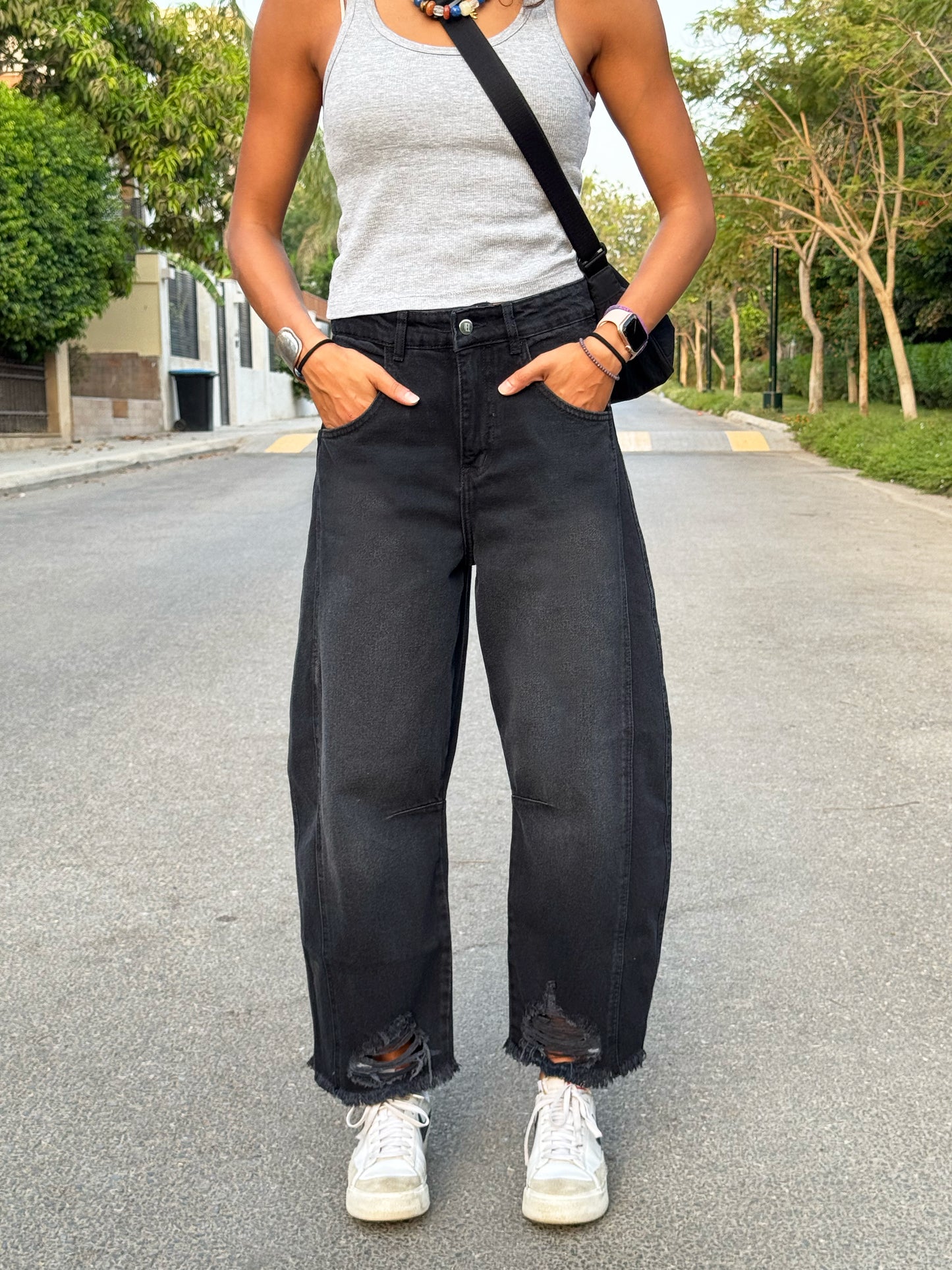 Charcoal Black Barrel Jeans