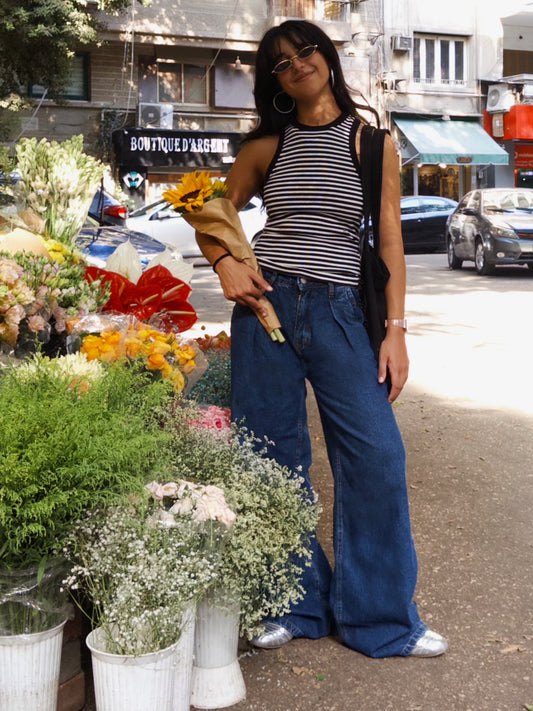 Dark Blue Pleated Jeans