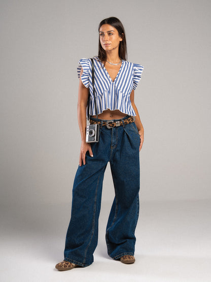 Dark Blue Pleated Jeans