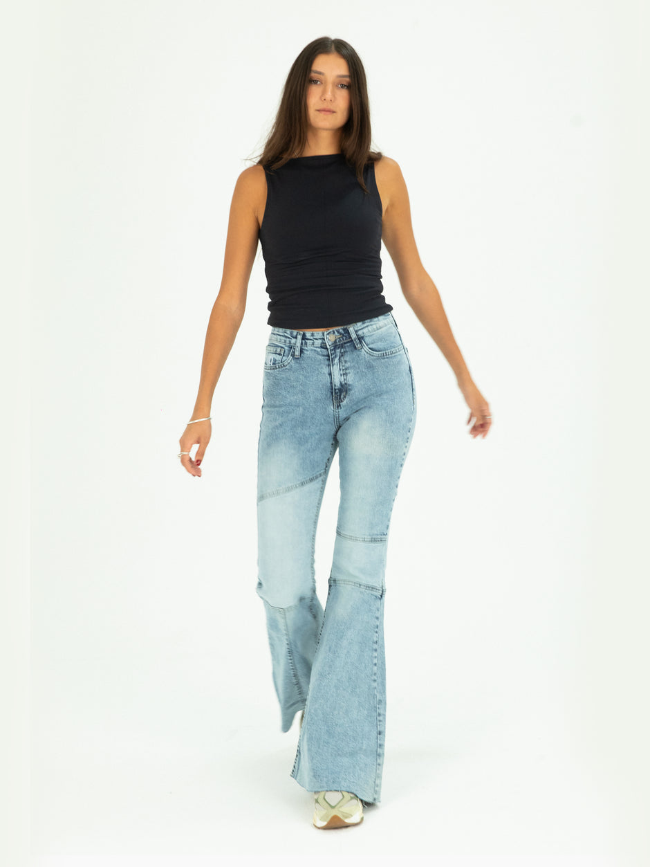 Cut & Sew Light Blue Mid Rise Wide Leg Jeans