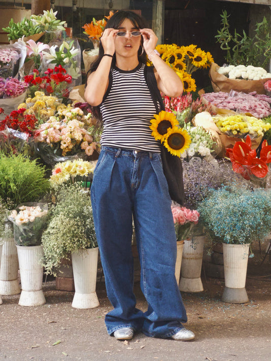 Dark Blue Pleated Jeans