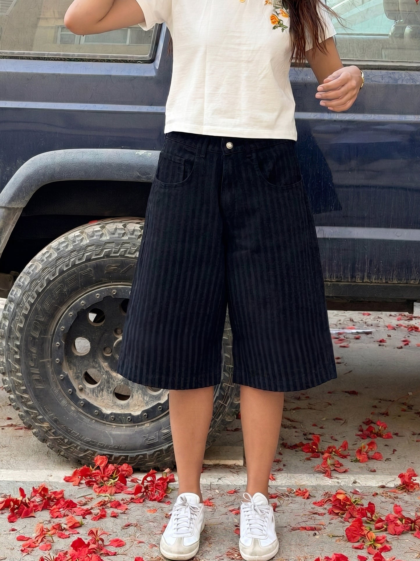 Charcoal Black Striped Jorts